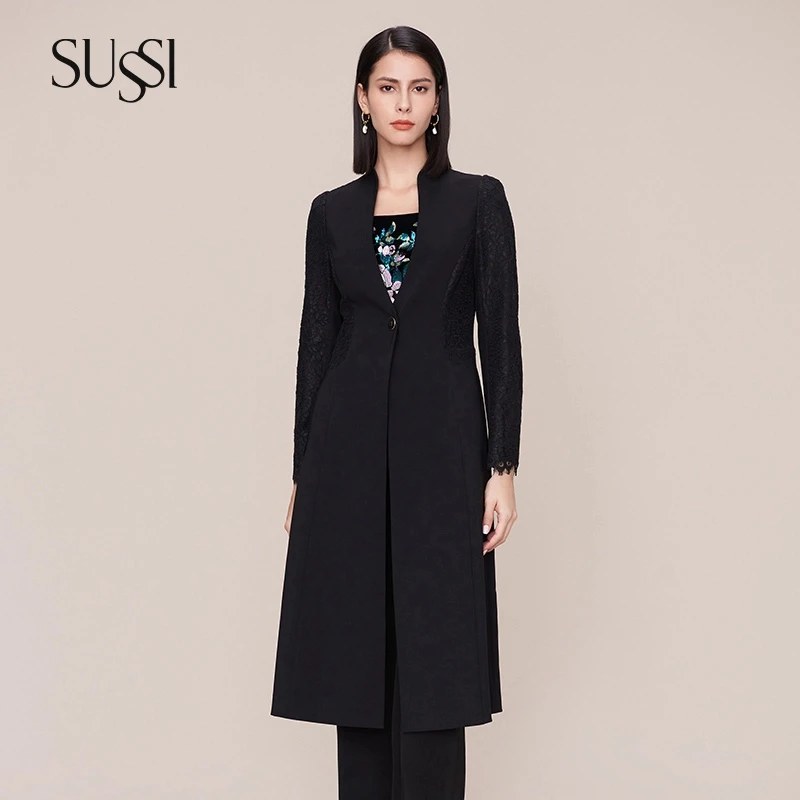 【气质女王】SUSSI/古色秋季高端新品黑色原身通勤气质立领大衣女士