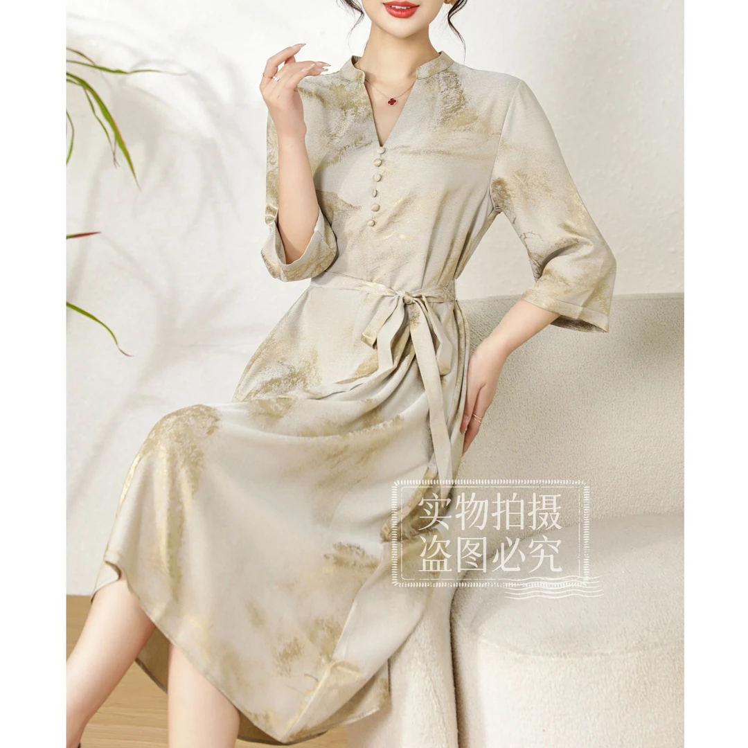 Y1138新中式国风蚕丝连衣裙系腰带2025夏装新款江南水墨画裙子