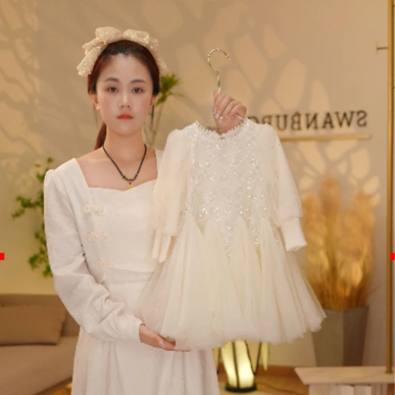 【Y.a28001】2024春季新款长袖时尚女童连衣裙重工泡泡袖女童公主裙