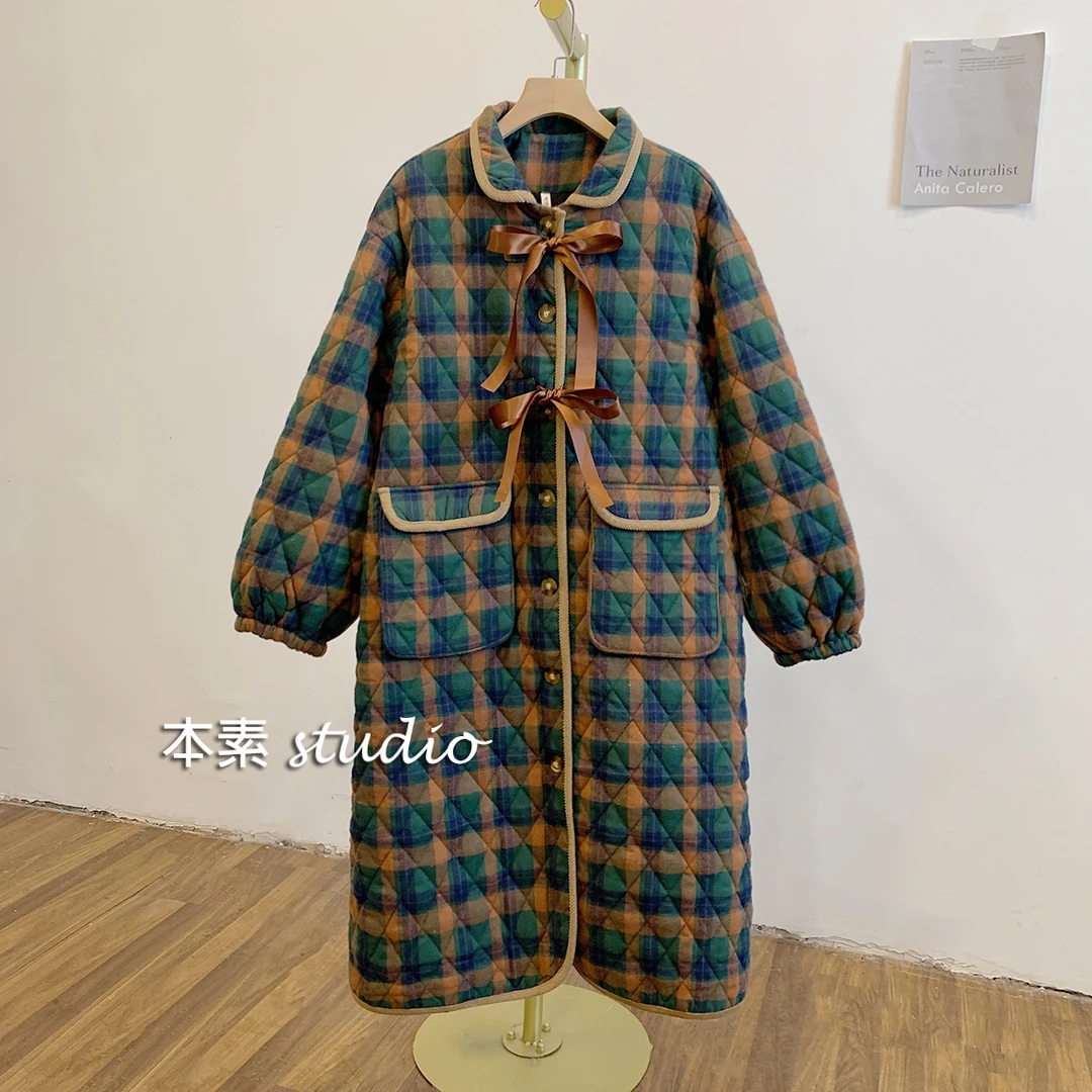 茶茶方糖C3033夹棉格纹系带蝴蝶结翻领长款棉衣