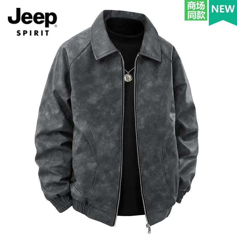 JEEP SPIRIT吉普夹克男情侣翻领皮衣外套高级大码时尚飞行夹克男
