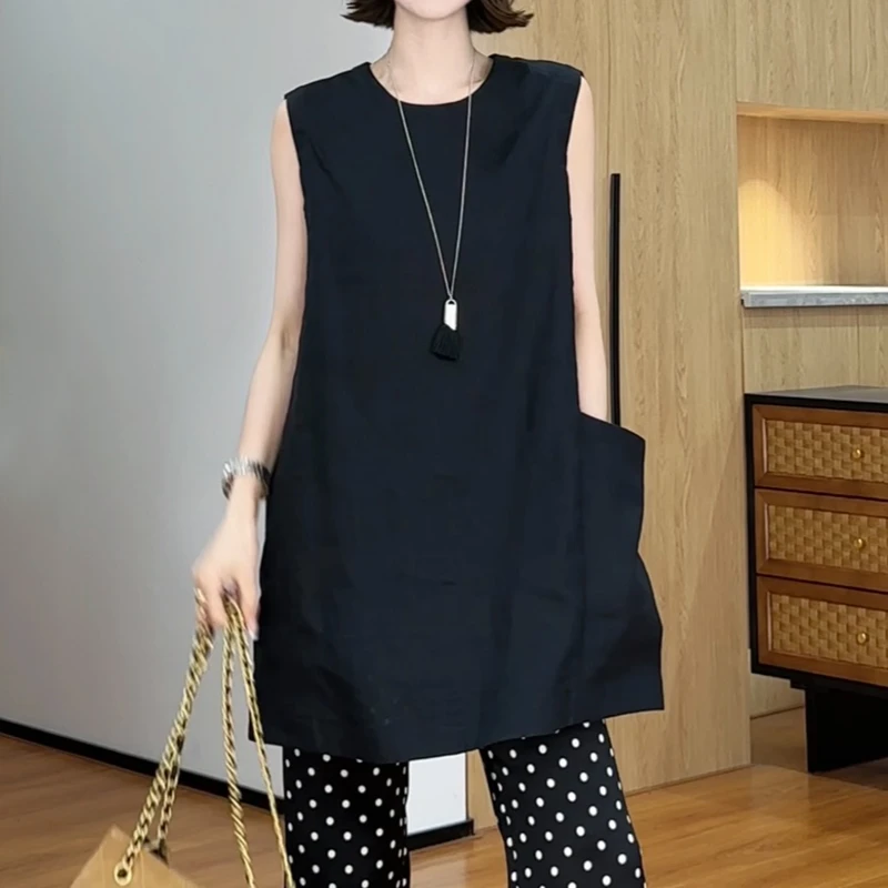 韩系简约纯色百搭无袖T恤女2025夏季新款宽松减龄洋气显瘦上衣潮