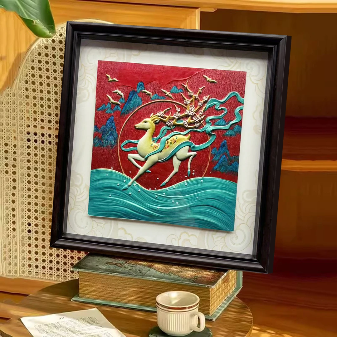 新中式客厅卧室装饰画餐厅背景墙立体石膏挂画礼物九色鹿4040
