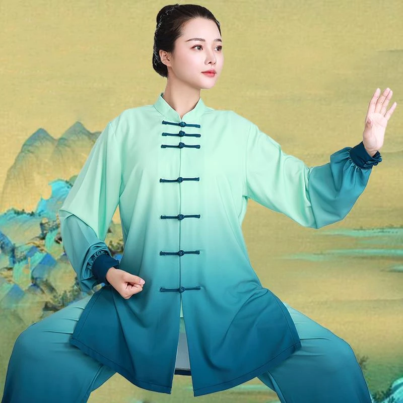 太极服女高端比赛表演渐变色太极拳休闲练功服男春秋武术服装青绿