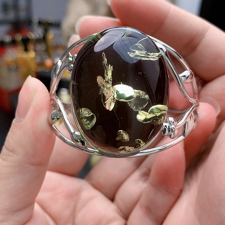 琥珀裸石银S925镶嵌手镯