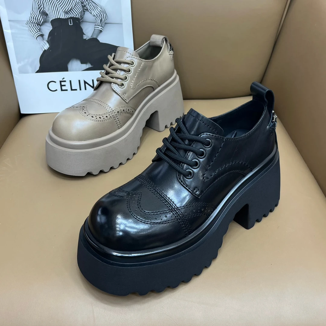 2025春季新款女鞋真皮复古雕花系带松糕厚底英伦风小皮鞋单鞋