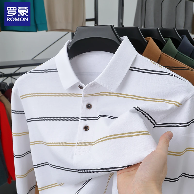 罗蒙【纯棉】男士长袖休闲T恤春秋季潮流撞色条纹百搭罗蒙长袖polo