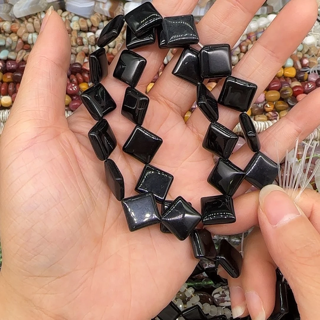 玛瑙/玉髓合金珠宝半成品黑玛瑙15mm菱形方块一条
