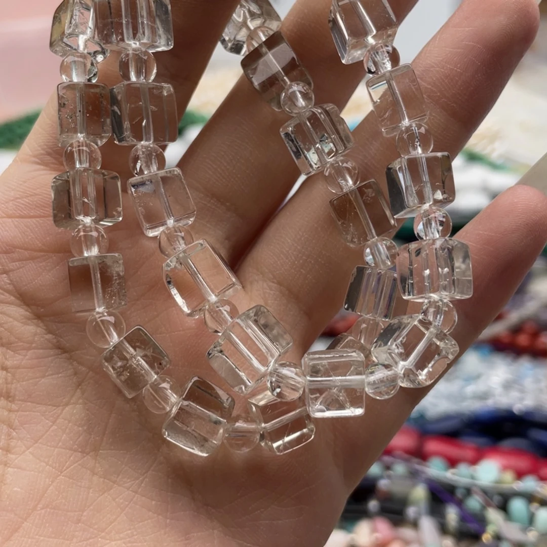 玛瑙/玉髓合金珠宝半成品一条装卡7+透体白水方糖手串
