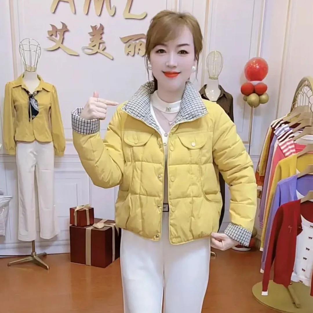 时尚棉服短外套女2025冬季新款洋气显瘦百搭加厚保暖格子拼接棉衣