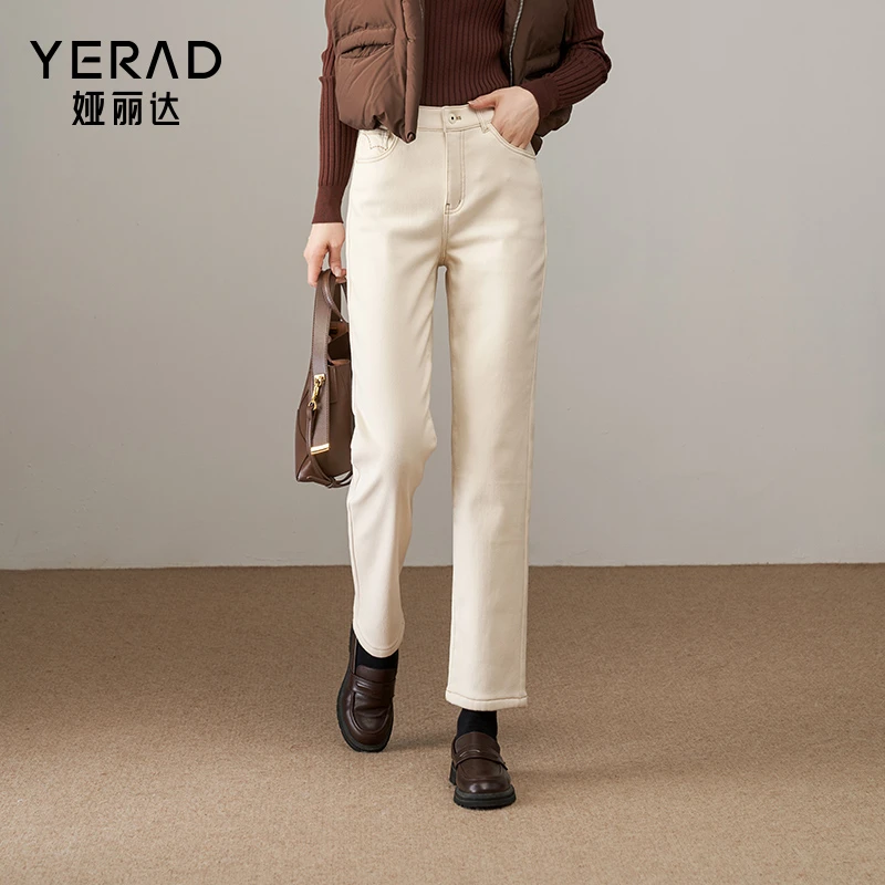 娅丽达加绒牛仔裤女冬季法棍裤2024新款黑色显瘦裤子小个子直筒裤
