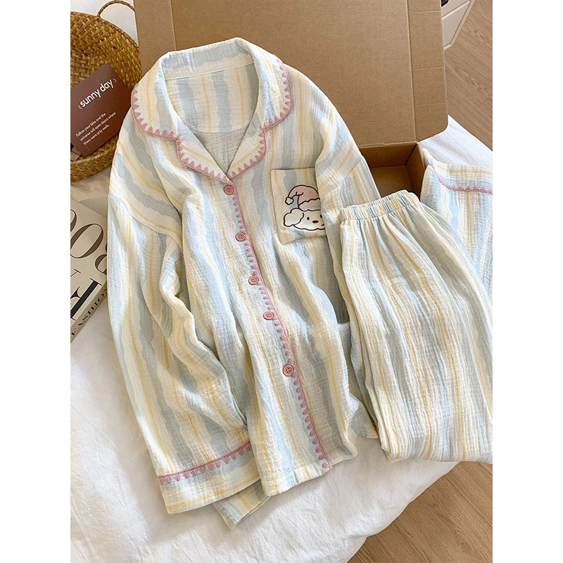 可爱刺绣棉纱睡衣女春秋新款长袖长裤甜美少女风家居服套装可外穿