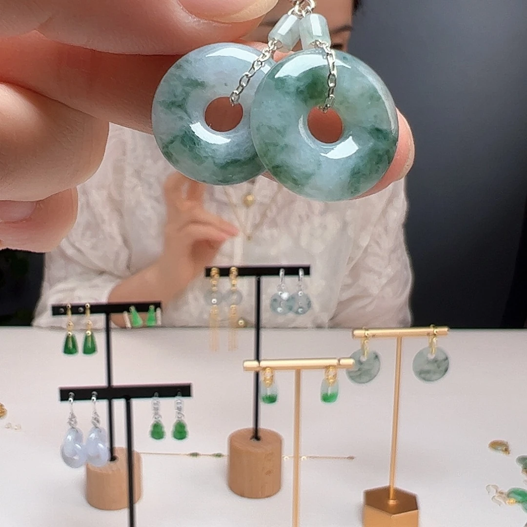 翡翠银S925镶嵌耳饰天然翡翠