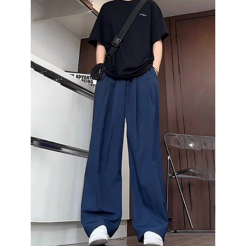 美式复古藏蓝色山本裤男夏季薄款冰丝速干裤子垂感直筒宽松阔腿裤