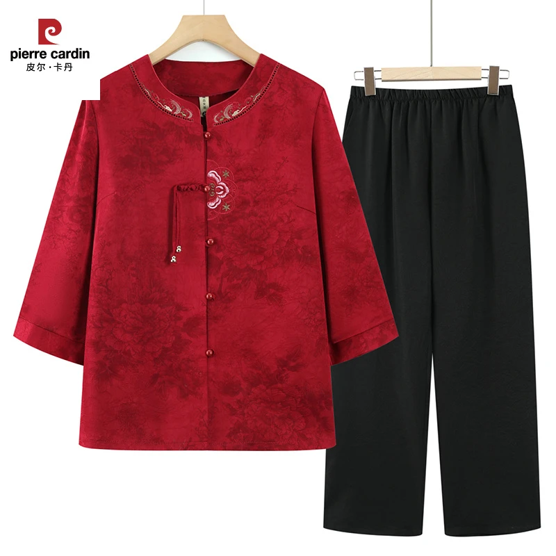 皮尔卡丹奶奶装夏季七分袖衬衫套装中老年人妈妈唐装绣花上衣女老