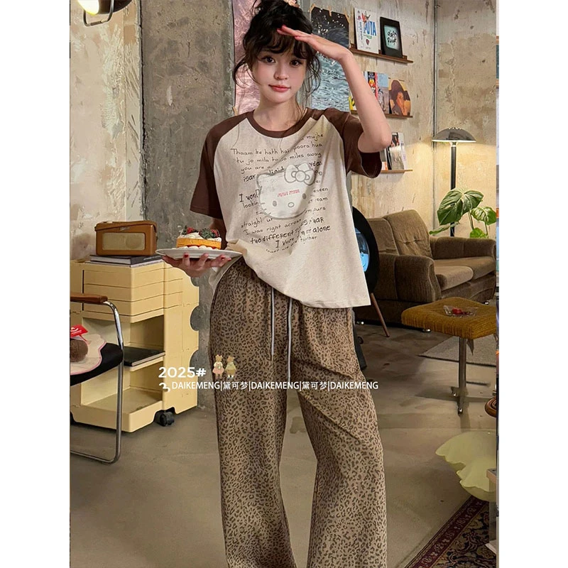 ins可爱卡通kitty猫拼色短袖睡衣女夏季舒适豹纹长裤家居服套装