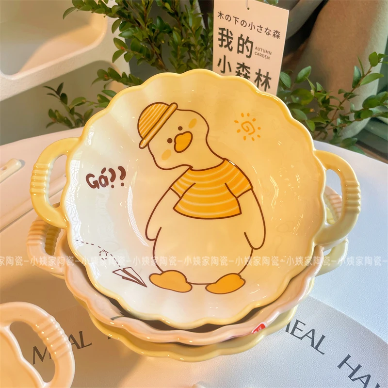 227【2件套】GA鸭7.5双耳碗+勺子 呆萌双耳泡面碗陶瓷碗勺釉下彩