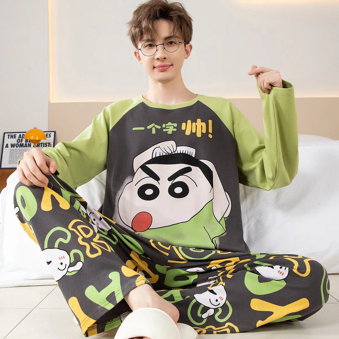 男士睡衣春秋季长袖2025新款纯棉薄款卡通加大码学生家居服套装冬