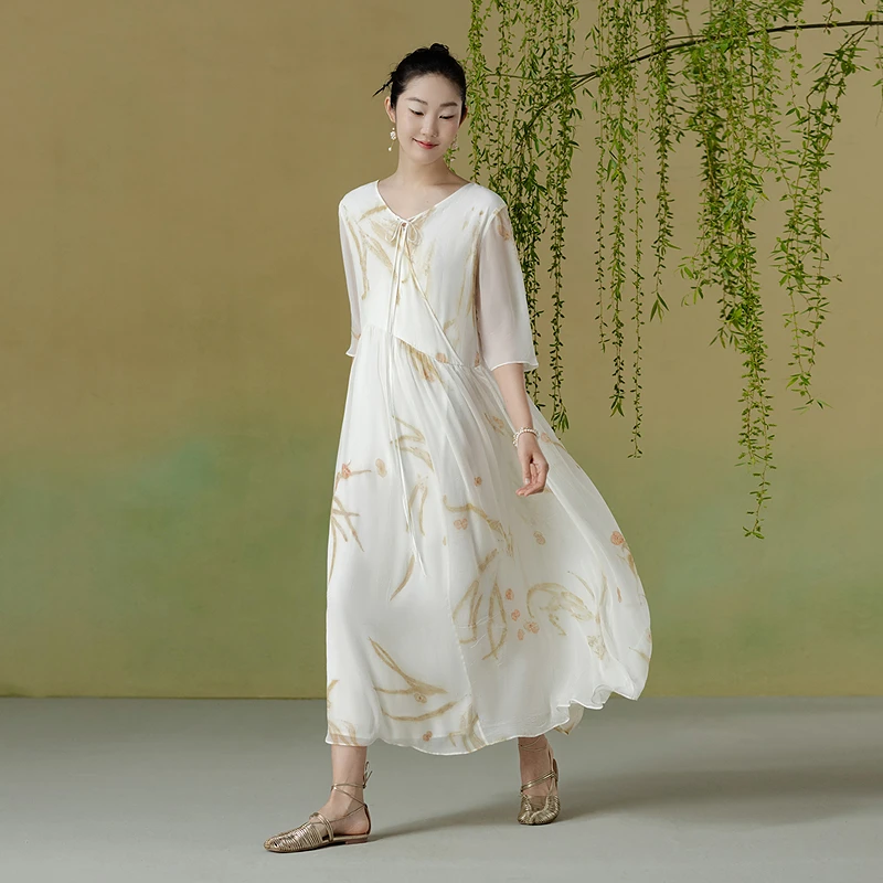 【植物拓印】生活在左桑蚕丝连衣裙印花优雅2025夏季长裙女1952075