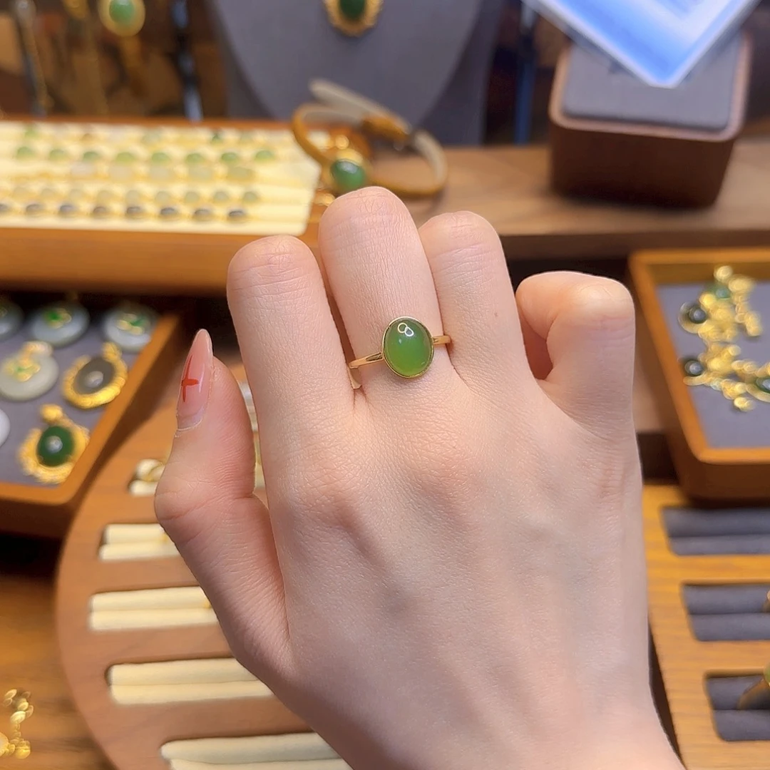 和田玉戒指银S925镀金镶嵌
