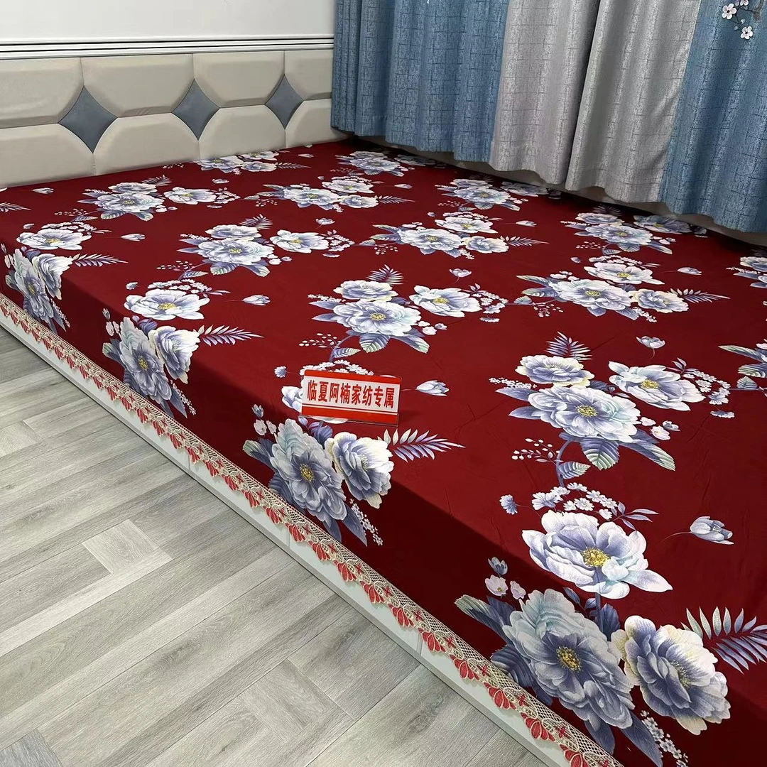 小云酒红色带花边炕单床绗缝单床盖土炕大号大炕大床加大大花炕盖