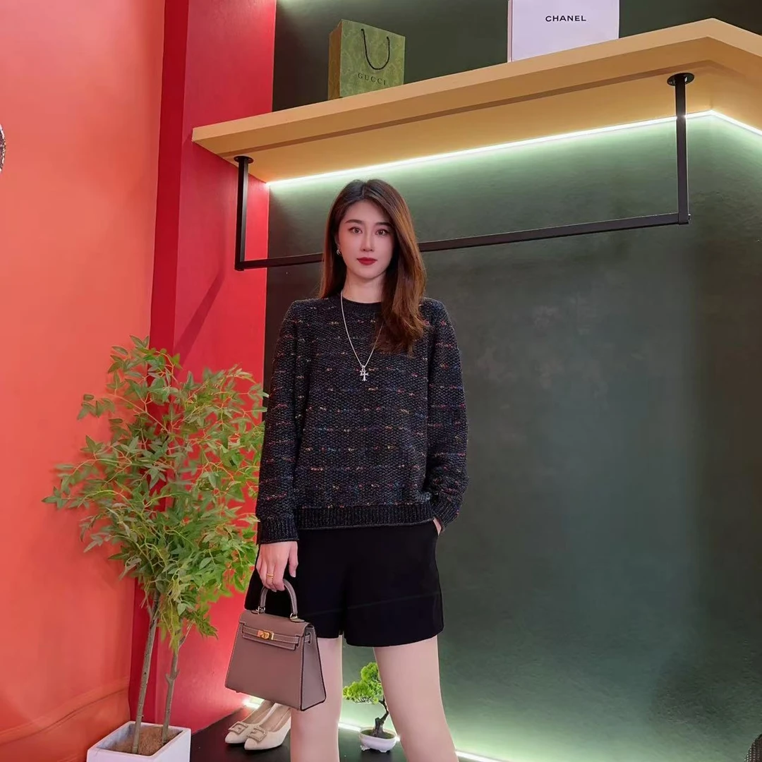 4137新款黑色混纺点缀毛衣女 秋冬宽松时尚百搭长袖上衣