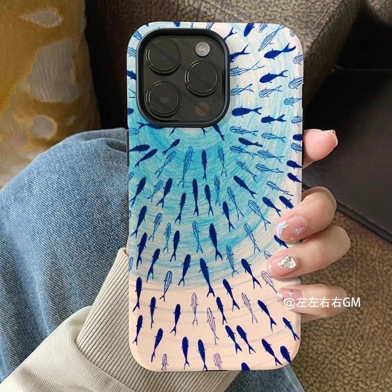ins风蓝笔线条鱼苹果16promax手机壳15pro菲林二合一14适用13潮12