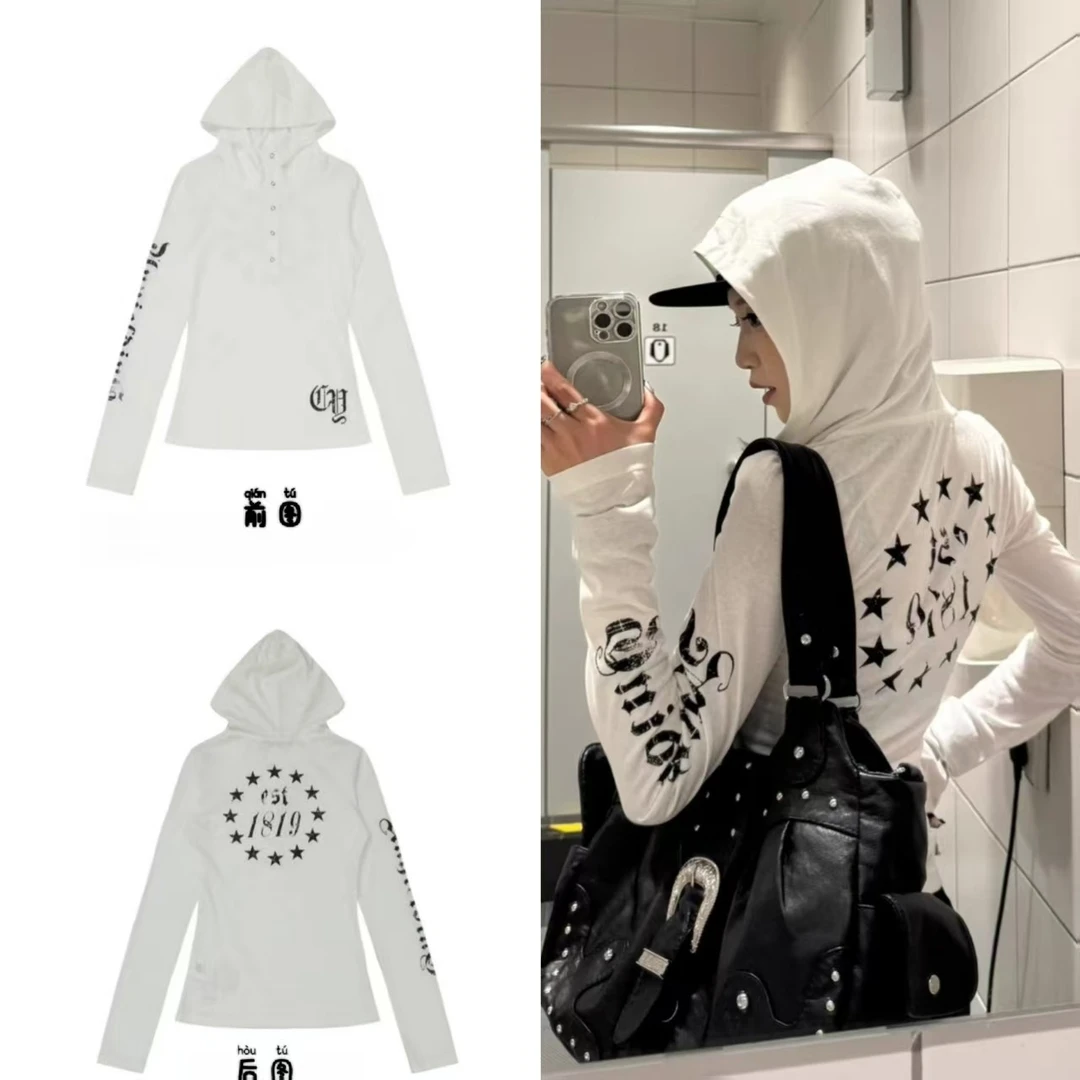 美式复古印花长袖连帽T恤微透防晒罩衫修身显瘦时尚百搭上衣女