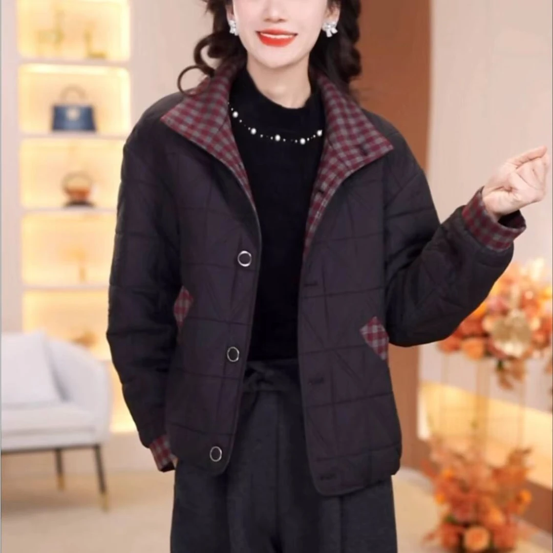 时尚格子短款棉服女士冬季新款立领外套加厚保暖洋气棉衣小棉袄