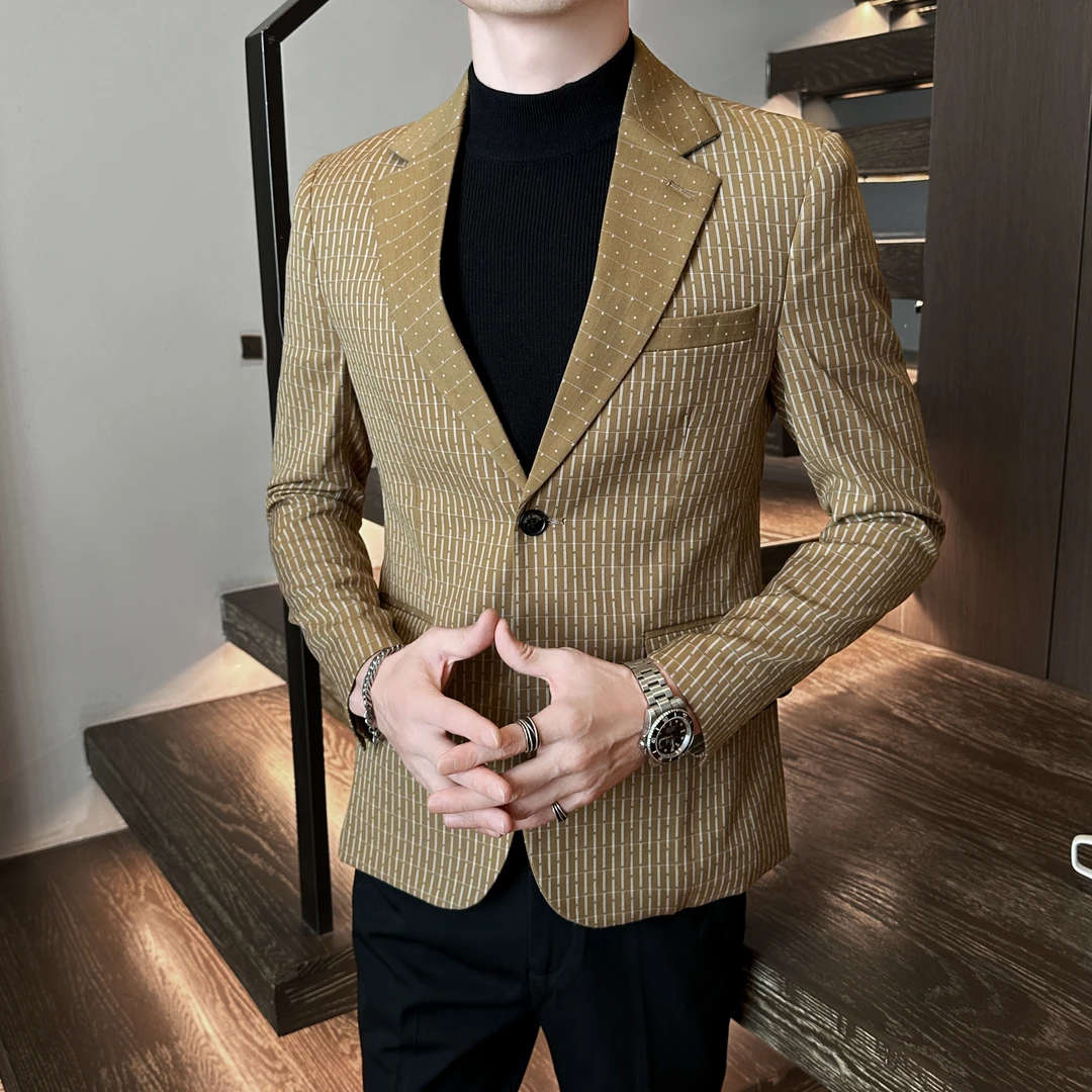 秋季2025新款条纹西服外套男士高级感休闲商务拼接小西装潮流痞帅