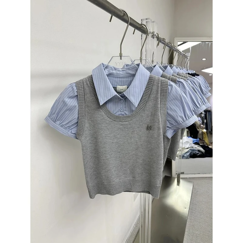 25新款小众设计学院风高腰短款假两件拼接短袖衬衫女上衣百搭