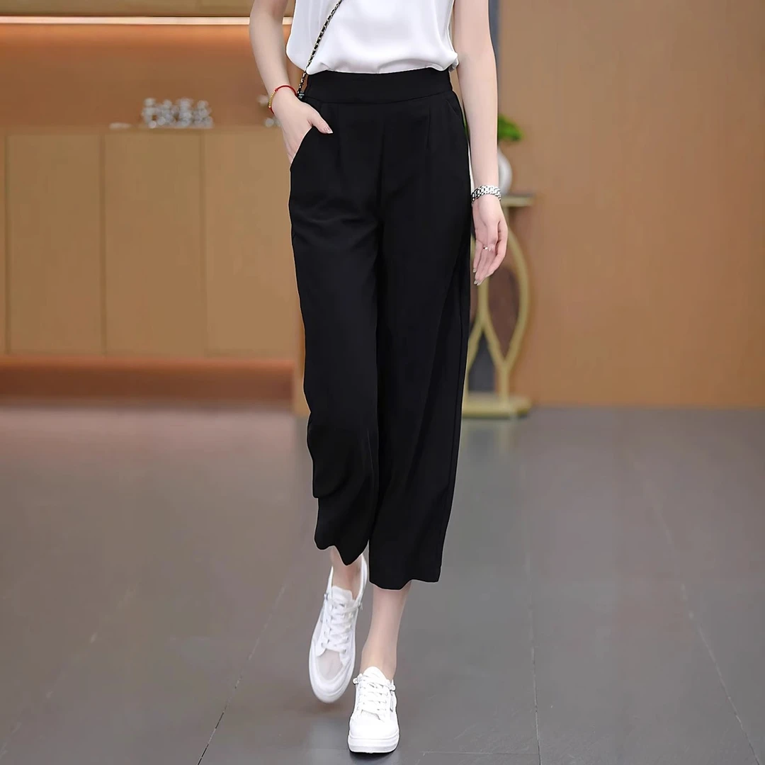 小个子裤子女夏季薄款2025新款冰丝凉凉裤高腰显瘦八分阔腿休闲裤