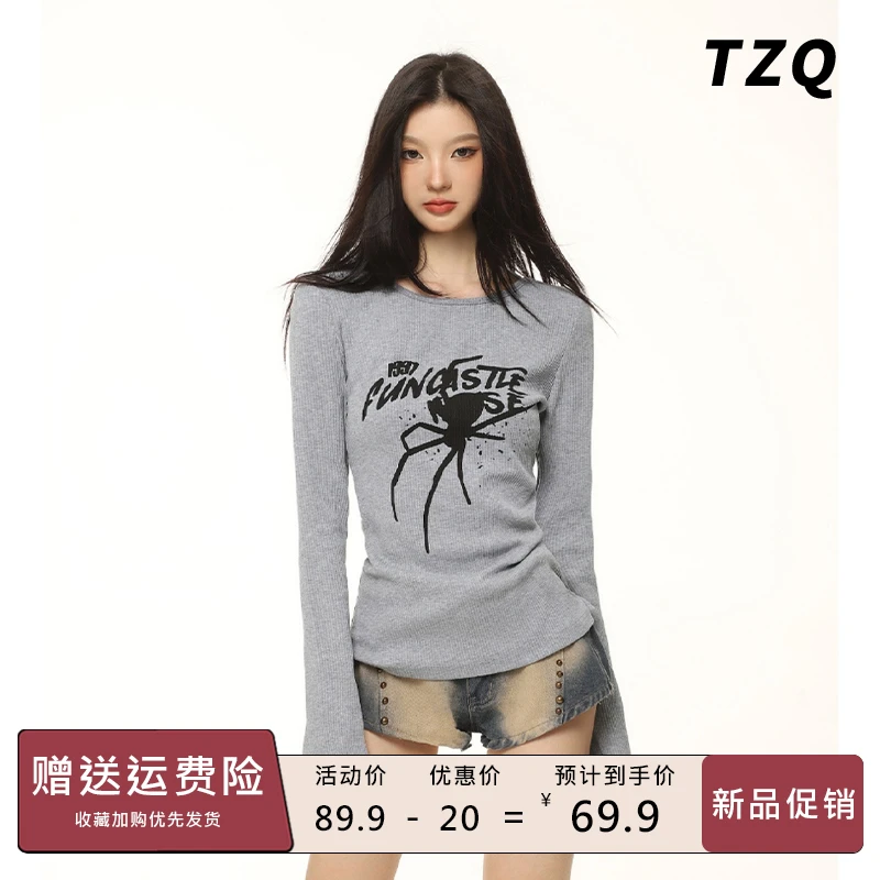 复古街头蜘蛛印花正肩T恤女秋新款宽松显瘦修身短上衣TZQ2590927