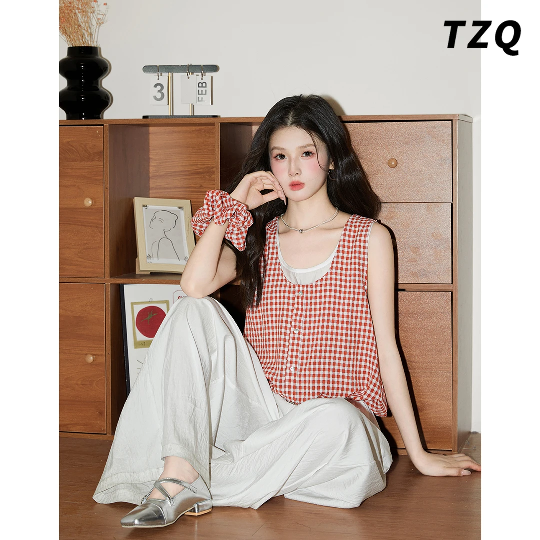 红色格子2025夏季新款无袖假两件衬衫女小众设计感上衣TZQ2551243
