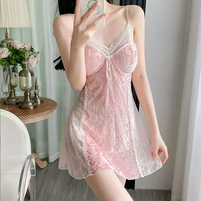 2025年新款约会吊带性感睡裙女植绒网纱拼接睡衣纯欲家居服套装