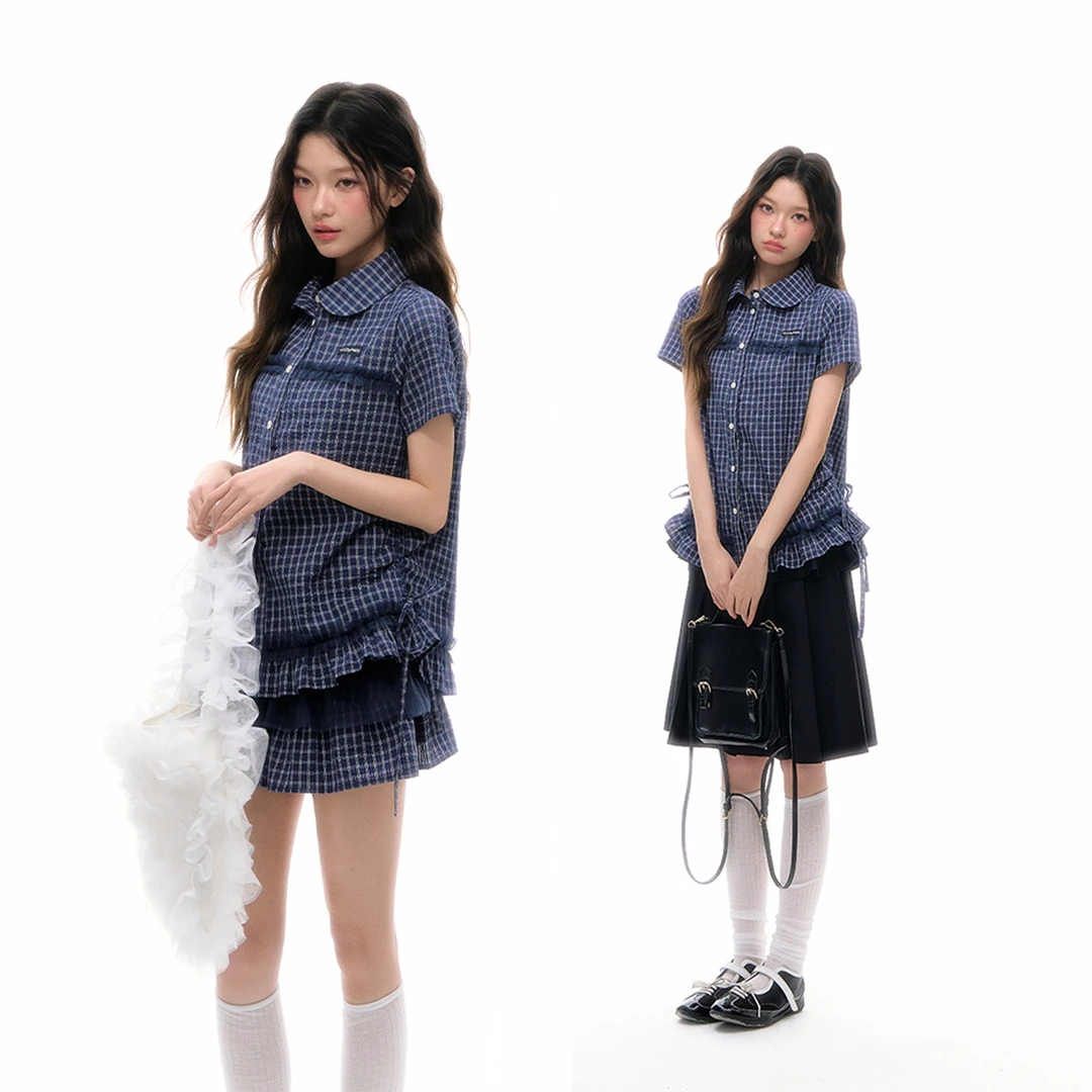 【楚楚集团】CyNi复古格纹娃娃领下摆花边学院风拼接抽褶短袖格衬衫