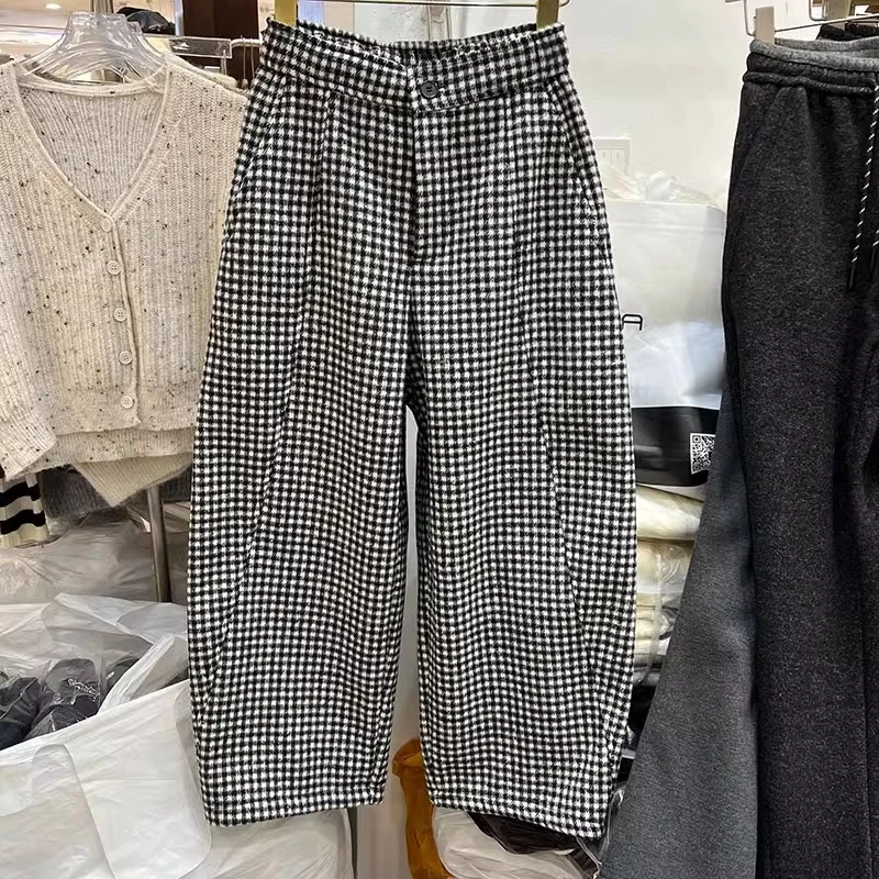 韩系加绒毛呢格子九分阔腿裤女2024冬季宽松高腰显瘦直筒休闲裤潮