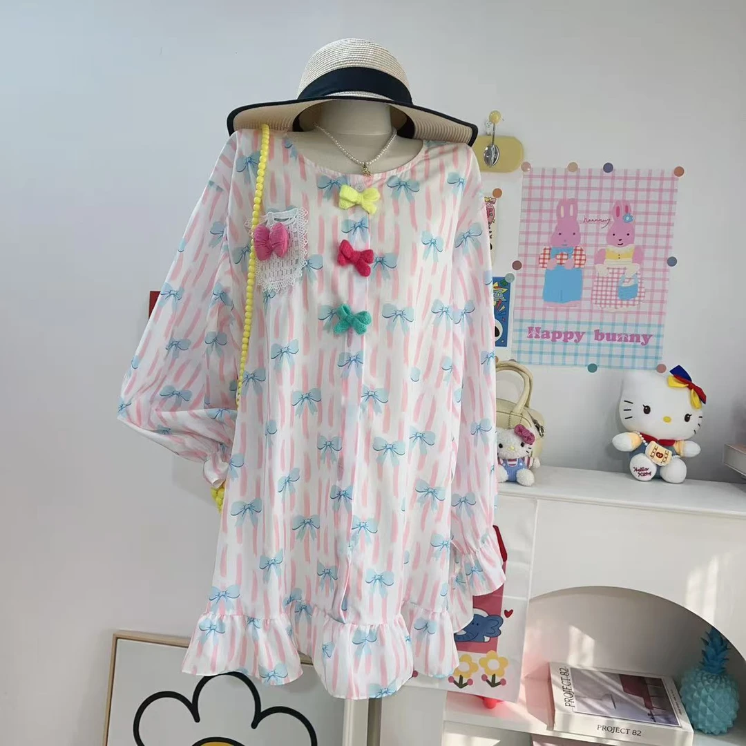 【钱呼呼】2025春夏新款条纹蝴蝶结印花立体装饰设计甜美减龄裙子女