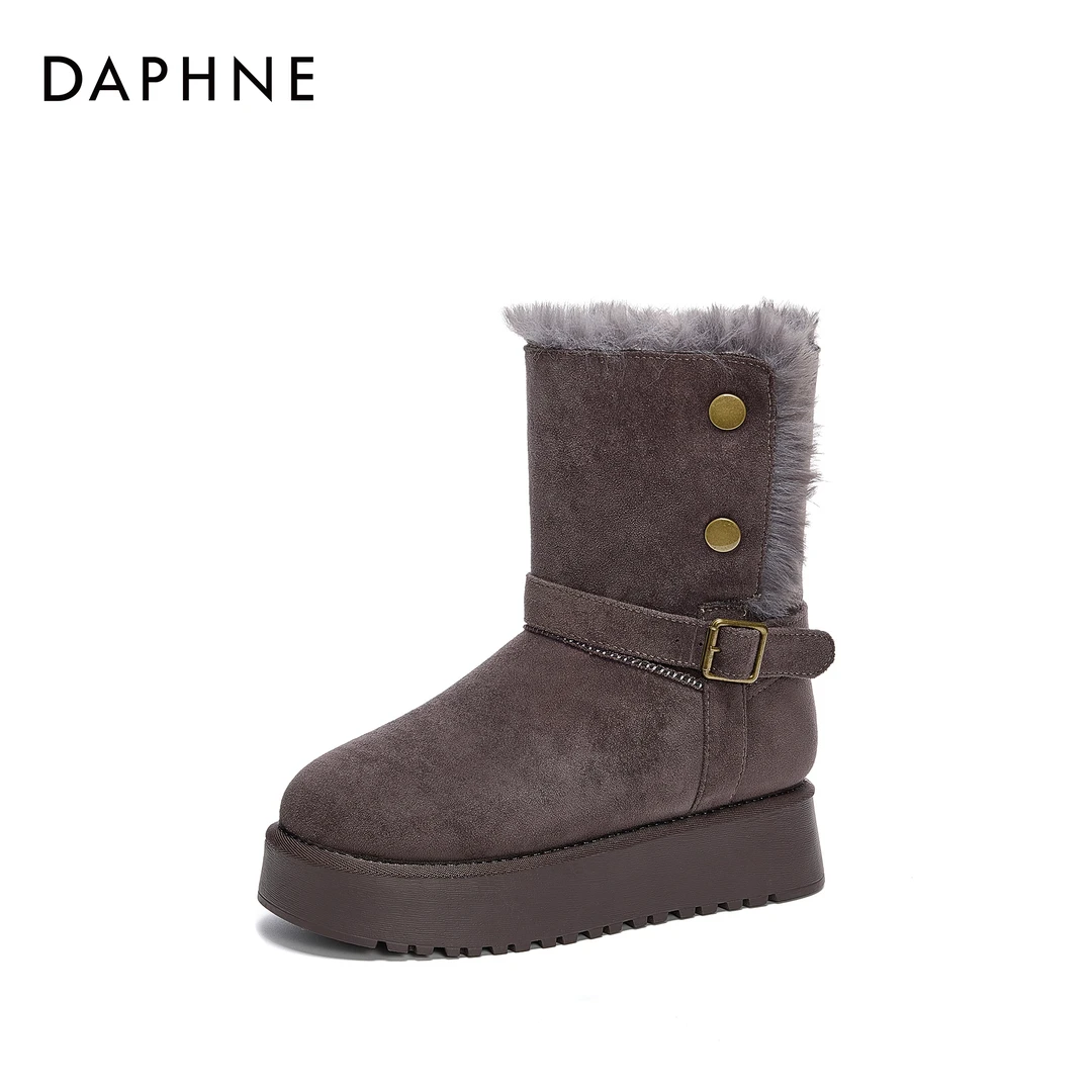 达芙妮秋冬厚底雪地靴时尚保暖毛绒领百搭金属扣时尚潮流雪地靴