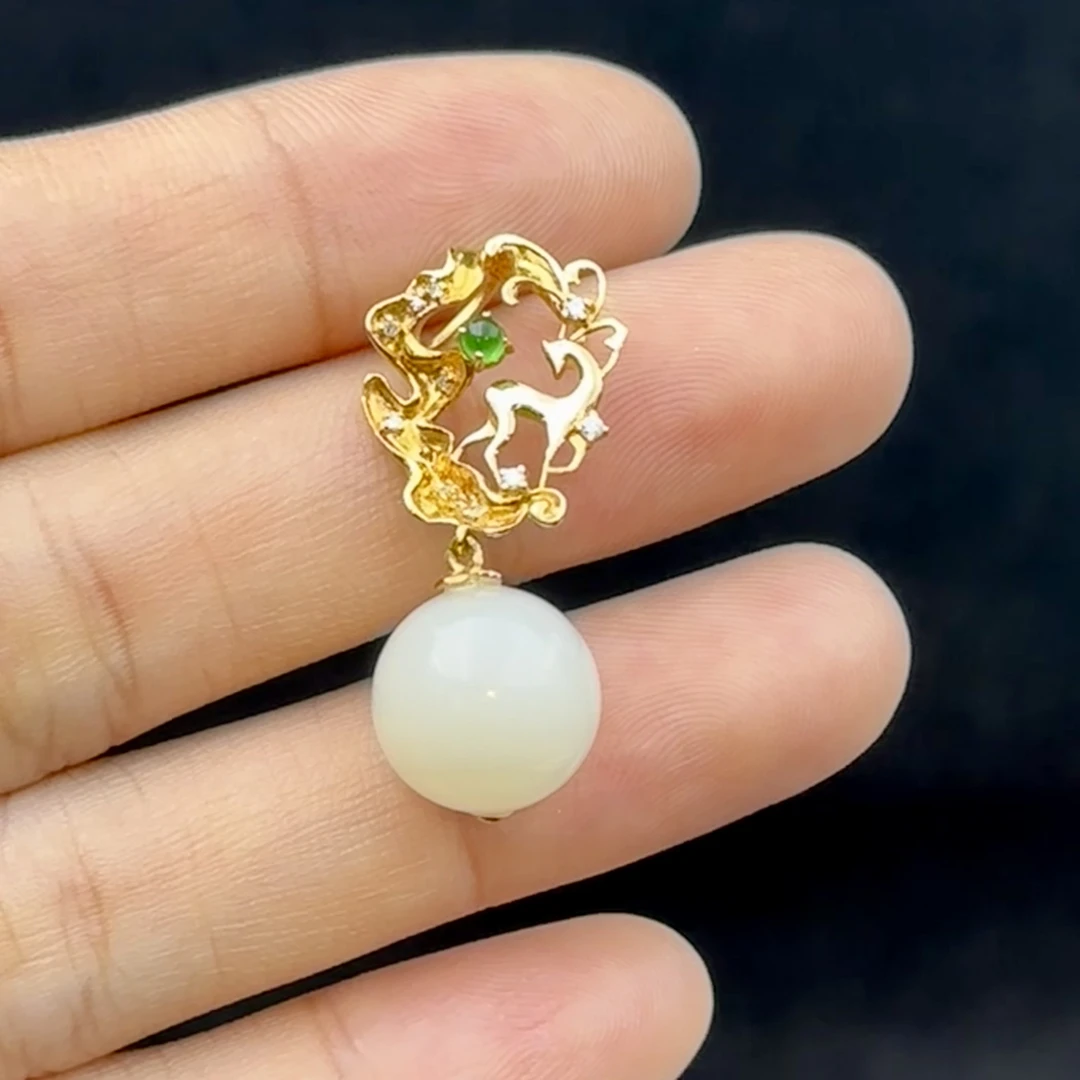 【鹿鸣】18k米达和田玉圆珠吊坠 不含链 12 LM09