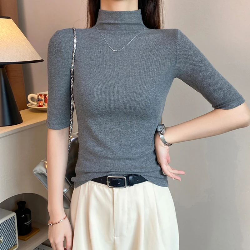 螺纹半高领中袖t恤女春夏修身五分袖打底衫内搭中领显瘦半袖上衣