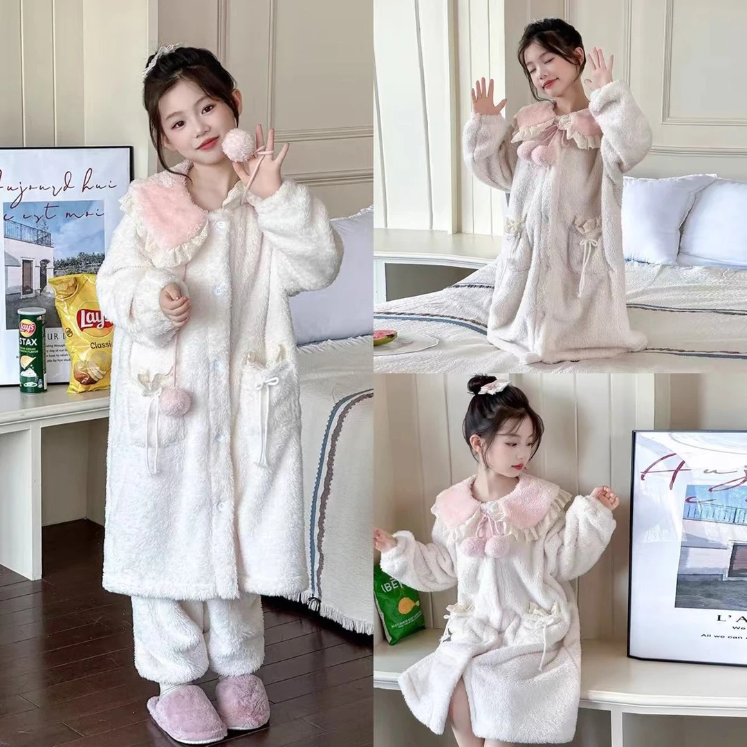 女童珊瑚绒睡袍冬2025新款儿童女孩加绒加厚睡裙大童冬季睡衣套装