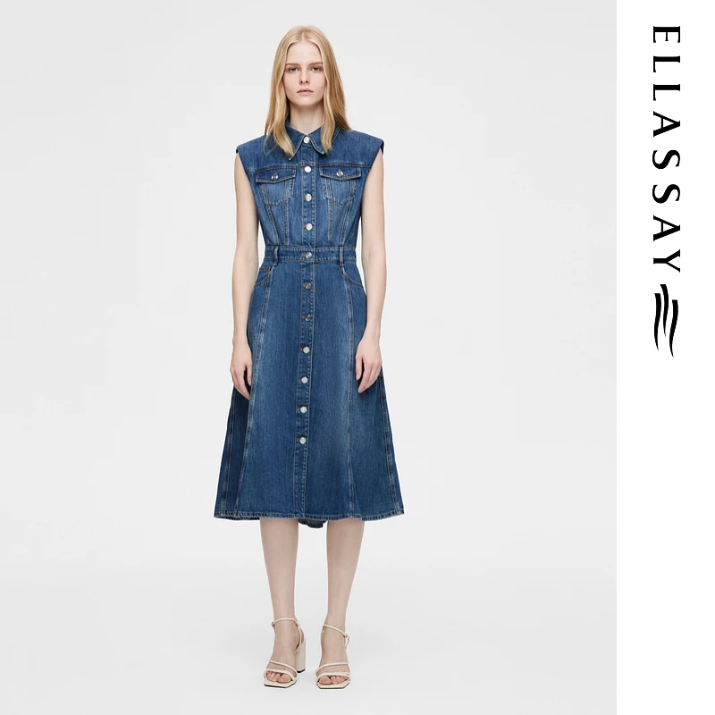 ELLASSAY歌力思2025早春棉感时尚丹宁风中长款连衣裙EWB362N00600