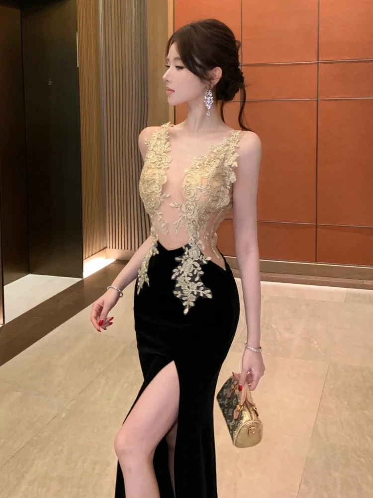 名媛轻奢高端晚礼服时尚聚会派对镂空性感低胸风情万种开叉连衣裙
