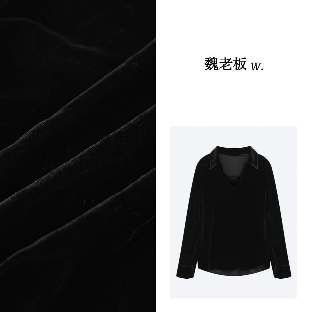 W.Diva【雍容】复古宽松V型翻领法式丝绒衬衫3S155C085