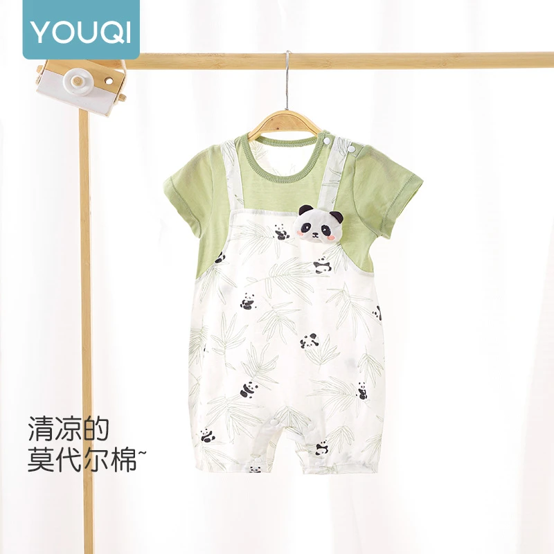 优奇婴儿哈衣夏款新生儿爬爬服熊猫假两件薄可爱宝宝连体衣短袖夏