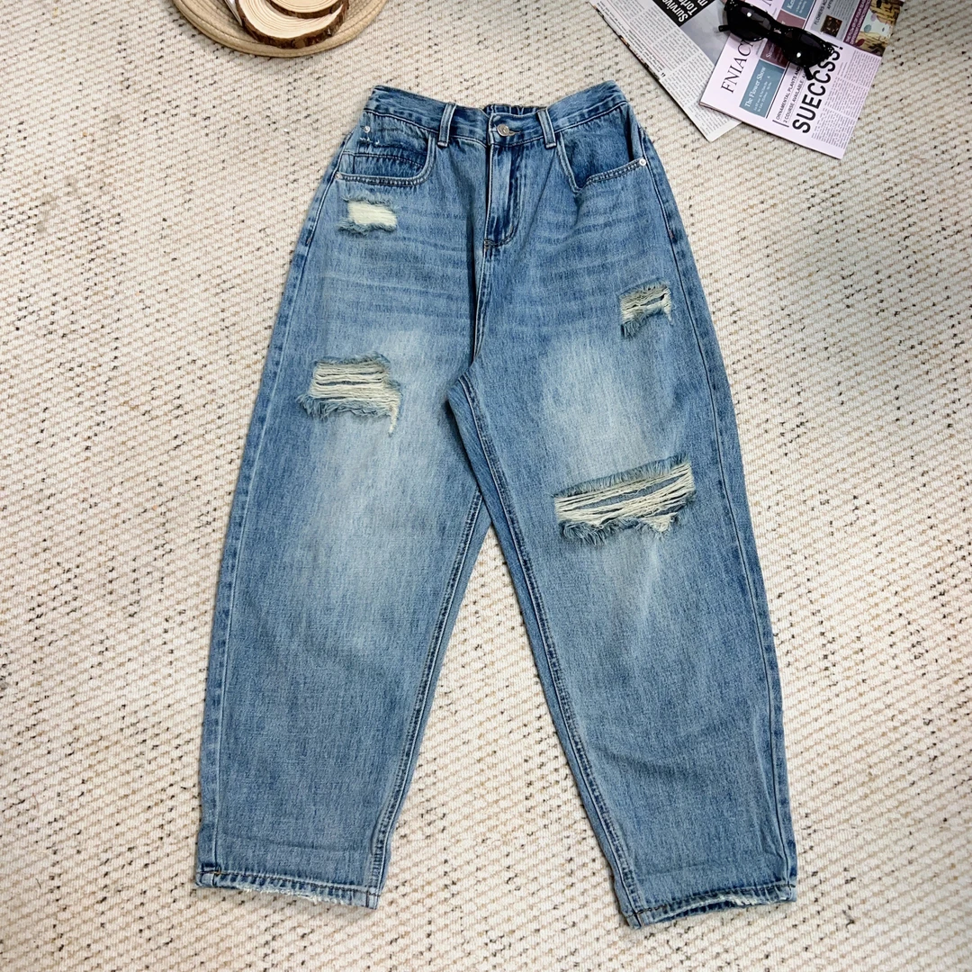 2025夏季新款百搭破洞牛仔裤阔腿直筒休闲裤4165