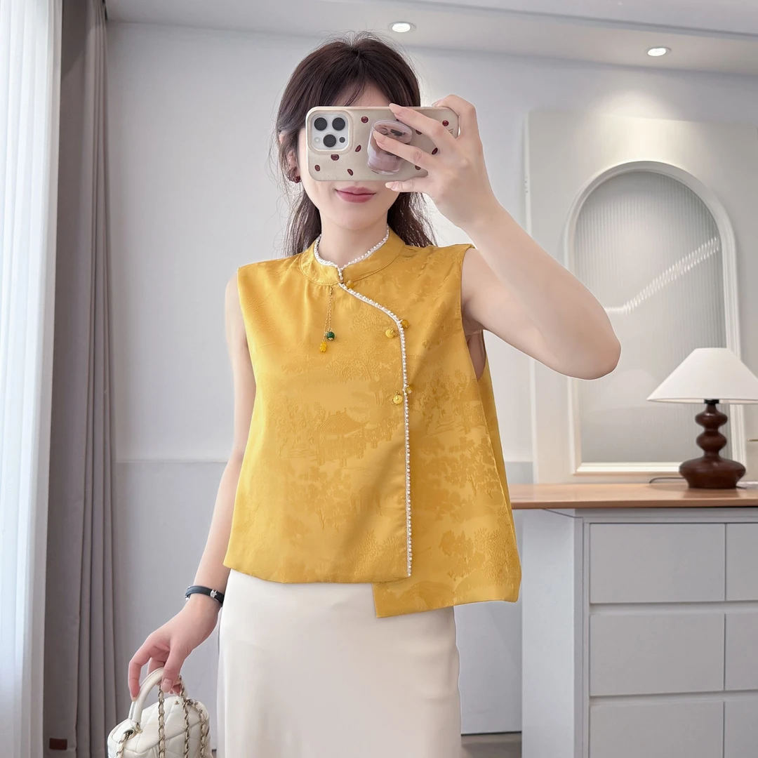 【雪姐宠粉】大码夏季新款时尚立领不规则门禁短款无袖旗袍627