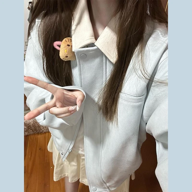 蓝色美式复古棒球服工装外套女秋冬季2025新小个子休闲款翻领夹克