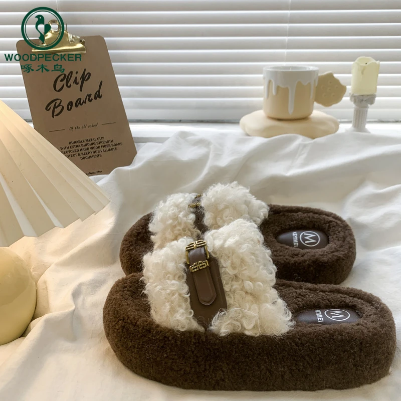 啄木鸟复古毛绒毛毛拖鞋女外穿2024新款秋冬厚底增高皮带扣棉拖鞋